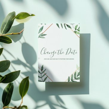 green leaves and gold border change the date invitations
