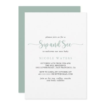 green minimalist calligraphy sip and see invitation