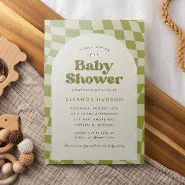 green retro groovy 70s checkerboard baby shower invitation