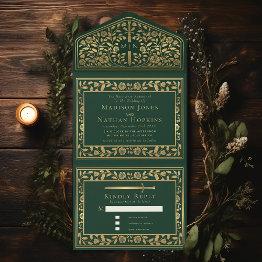 Small Green Royal Medieval Sword Wedding All In One Invitation Front View