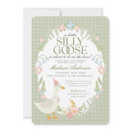 Small Green Silly Goose Floral Gingham Baby Shower Invitation Front View