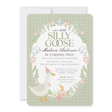 green silly goose floral gingham birthday party invitation