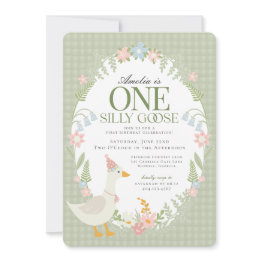 Small Green Silly Goose Floral Gingham First Birthday Invitation Front View