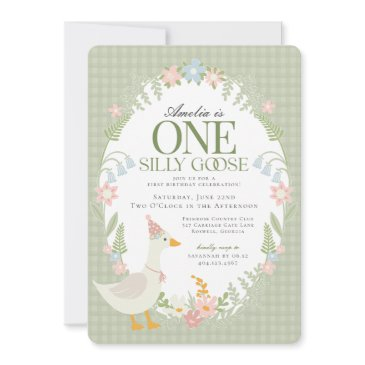 green silly goose floral gingham first birthday invitation