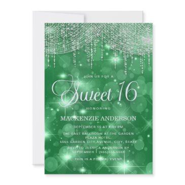 green string lights bokeh sweet 16 invitation