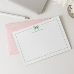 Small Green Striped Bow Coquette Personalized Note Invitations Front View