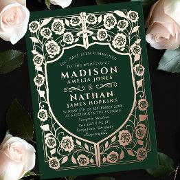 Small Green Sword Shield Medieval Monogram Wedding Foil Invitation Front View