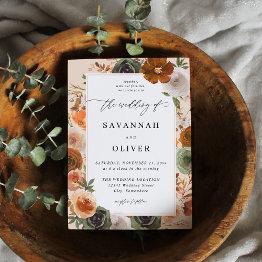 Small Green & Terra Cotta Floral Wedding S2 - Beige Invitation Front View