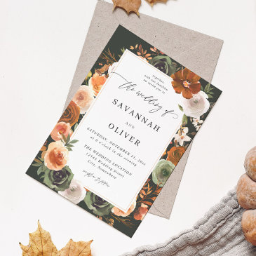 green & terra cotta floral wedding s2 - dark green invitation