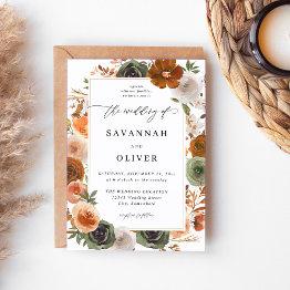 Small Green & Terra Cotta Floral Wedding S2 - White Invitation Front View