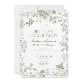 Small Green Toile De Jouy French Floral Birthday Party Invitation Front View