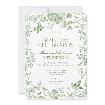 green toile de jouy french floral birthday party invitation
