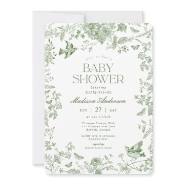 green toile de jouy vintage floral baby shower invitation