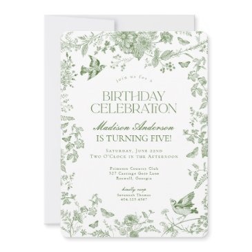 green toile de jouy vintage floral birthday party invitation