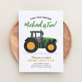 Small Green Tractor Birthday Party Invitation Front View