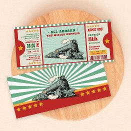 Small Green Train Ticket Birthday Boarding Pass Invitation Front View