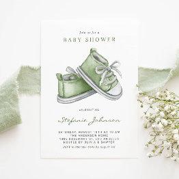 Small Green Watercolor Baby Shoes Baby Shower Invitation Front View