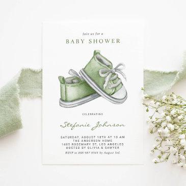 green watercolor baby shoes baby shower invitation