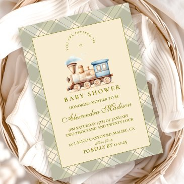 green watercolor train baby shower invitation