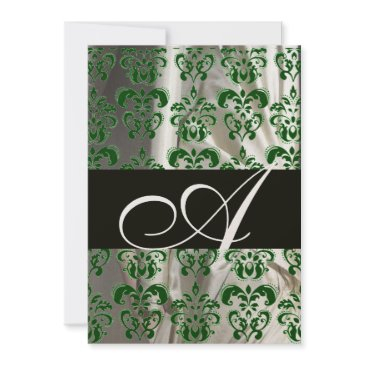 green white black silk damask monogram gold invitation