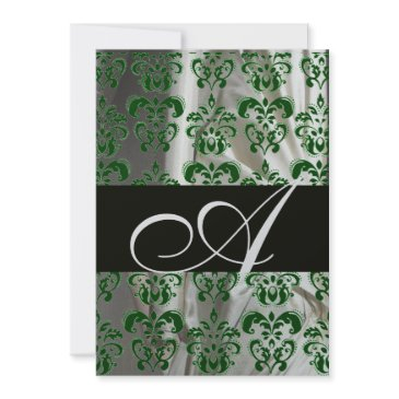 green white black silk damask monogram silver invitation