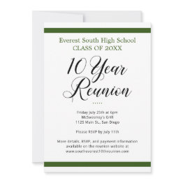 Small Green & White Minimalist Ten 10 Year Class Reunion Invitation Front View