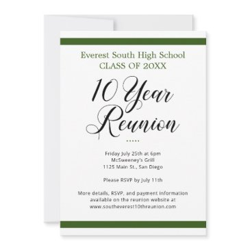 green & white minimalist ten 10 year class reunion invitation