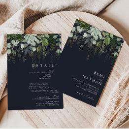 Small Greenery And Gold Leaf | Dark Navy All In One Invitation Front View