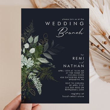 greenery and gold leaf | dark navy wedding brunch invitation