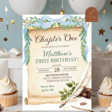 greenery blue bow storybook chapter one birthday invitation