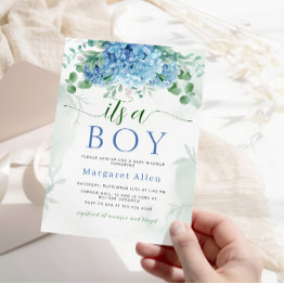 Small Greenery Blue Hydrangea Its A Boy Baby Shower Invitation Front View