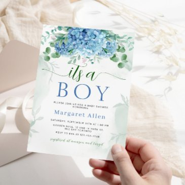 greenery blue hydrangea its a boy baby shower invitation