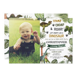 Small Greenery Cool Dinosaurs T-rex Birthday Party Photo Invitation Front View
