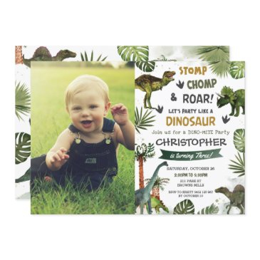 greenery cool dinosaurs t-rex birthday party photo invitation