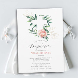 Small Greenery Cross Pink Blush Gold Baby Girl Baptism Invitation Front View