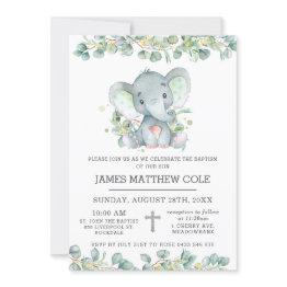 Small Greenery Cute Elephant Baptism Christening Invitation Front View