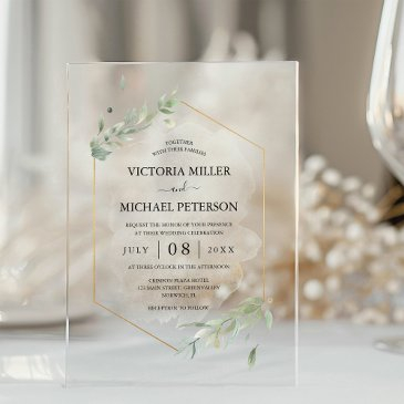 greenery gold elegant watercolor foliage wedding acrylic invitations