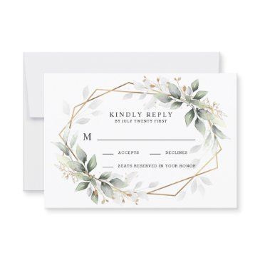 greenery green and gold geometric rustic wedding rsvp invitations