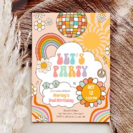 Small Groovy Let's Party Retro 70s Rainbow Birthday Invitation Front View