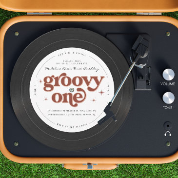groovy one retro vinyl record invitation