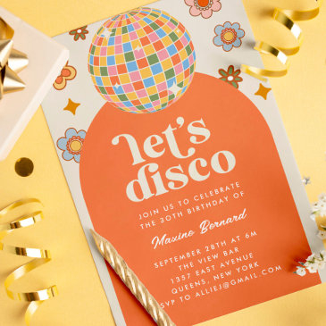 groovy retro 70s let's disco birthday party invitation