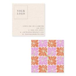Small Groovy Retro Orange Pink Floral Logo Creative Square Business Invitations Front View