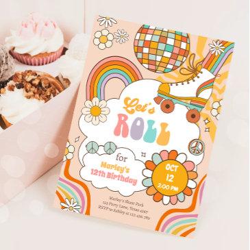 groovy roller skate retro 70s rainbow birthday invitation