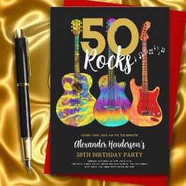 Small Guitar Black And Gold 50th Birthday Party Invitation Front View