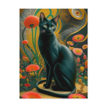gustav klimt black cat in a flower garden, cat art postinvitations