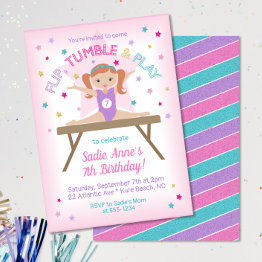 Small Gymnastics Jump Birthday Party Red Hair Invitation Front View