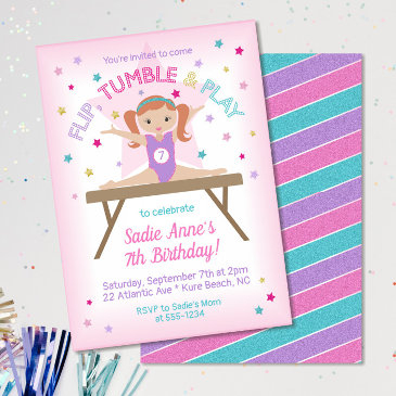 gymnastics jump birthday party red hair invitation