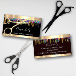 Small Hair Stylist Hairdresser Holograph Drips Scissors Business Invitations Front View