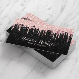 Small Hair Stylist Makeup Artist Rose Gold Drips Glitter Business Invitations Front View