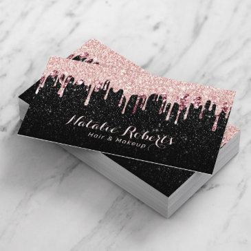 hair stylist makeup artist rose gold drips glitter business invitations